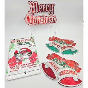 Vintage 1996 Christmas Mixed Lot of 1 New Tablecloth & 3 Aluminum Cut Out Signs